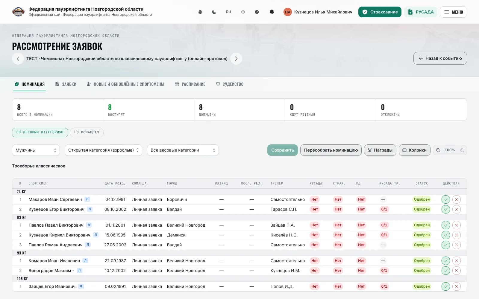 Secretary workspace, the “Nomination” tab: tiles, document marks and decisions