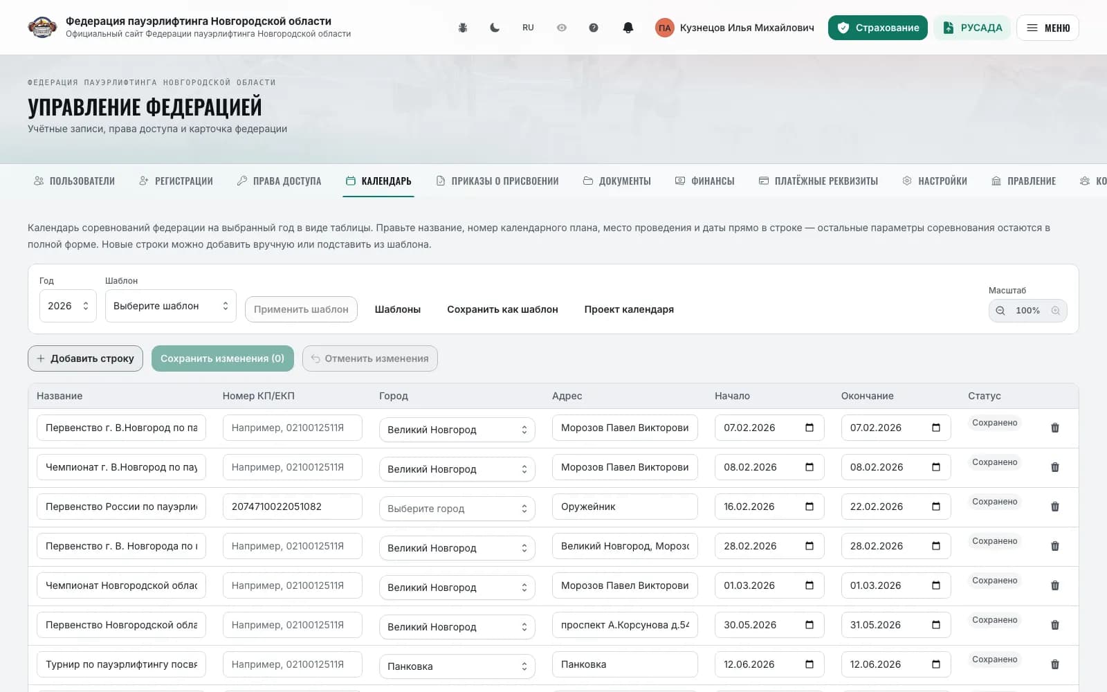 The “Calendar” tab of federation management: the year's table with inline editing